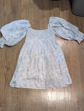 Light Blue Paisley Puff-Sleeve Dress